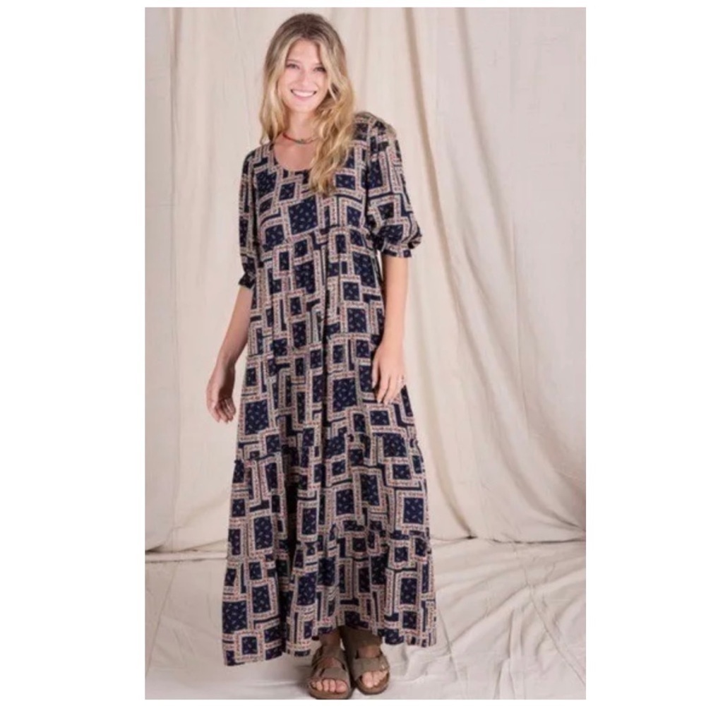 Natural Life Retro Print Collette Tiered Cottagecore Prairie Maxi Dress Navy XS